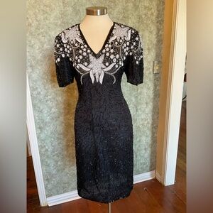 Vintage 80s Black and White Beaded Dress